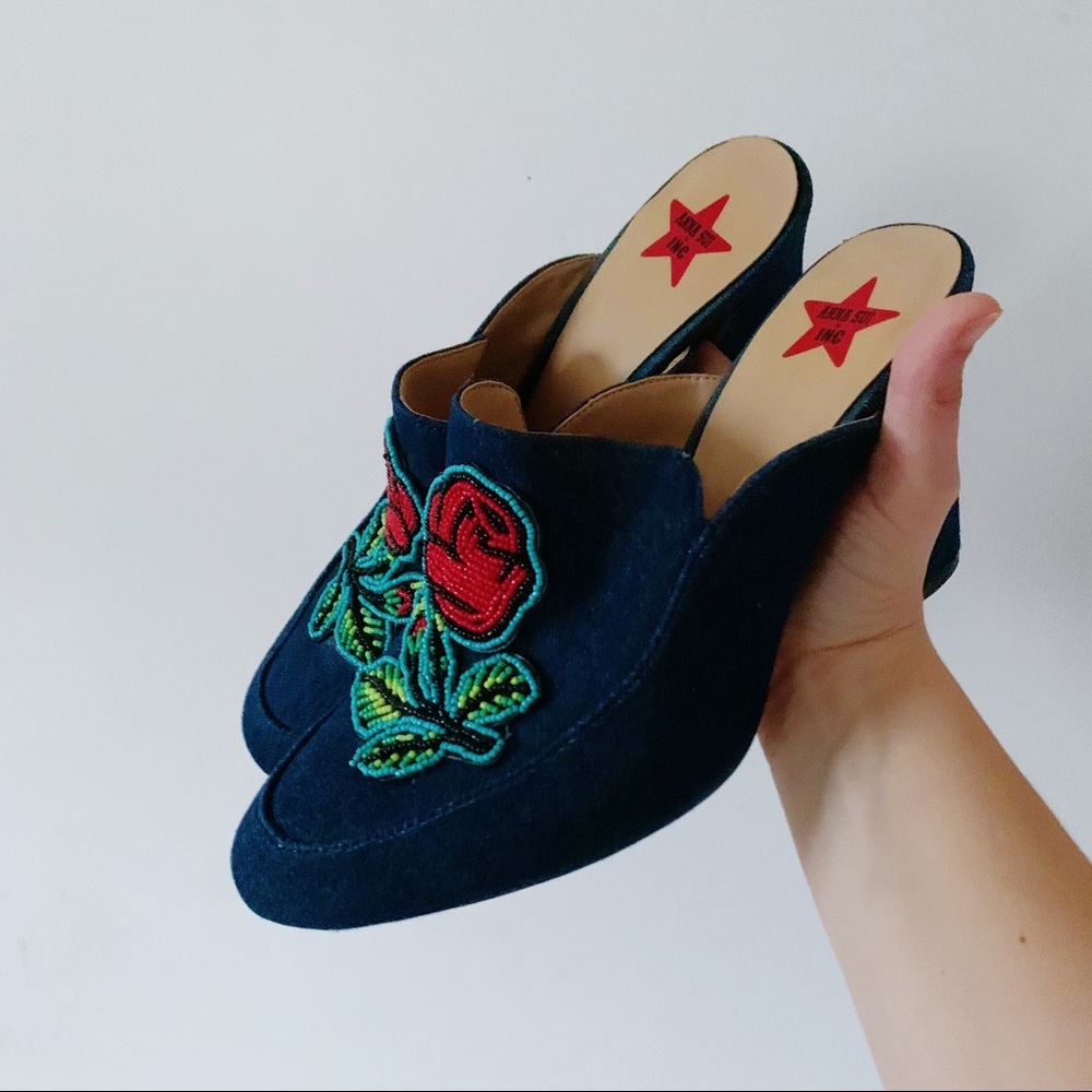 Anna Sui x INC Denim Beaded Block Heel Mules